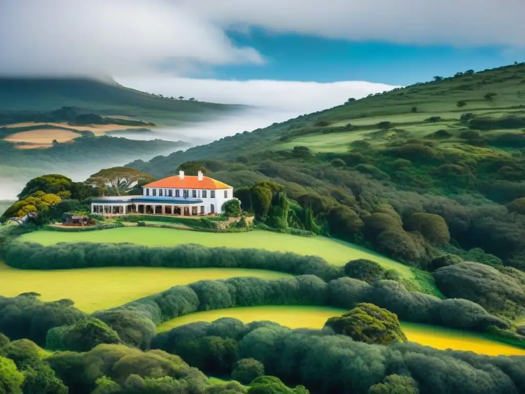 Hermoso hotel boutique entre colinas verdes en Uruguay, con viajeros disfrutando actividades al aire libre