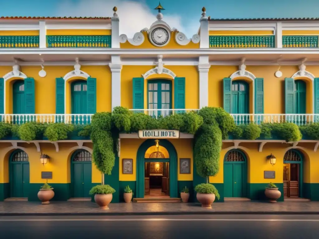 Hermoso hotel boutique de la era colonial en Uruguay, con fachada ornamental, exuberante vegetación y letrero vintage