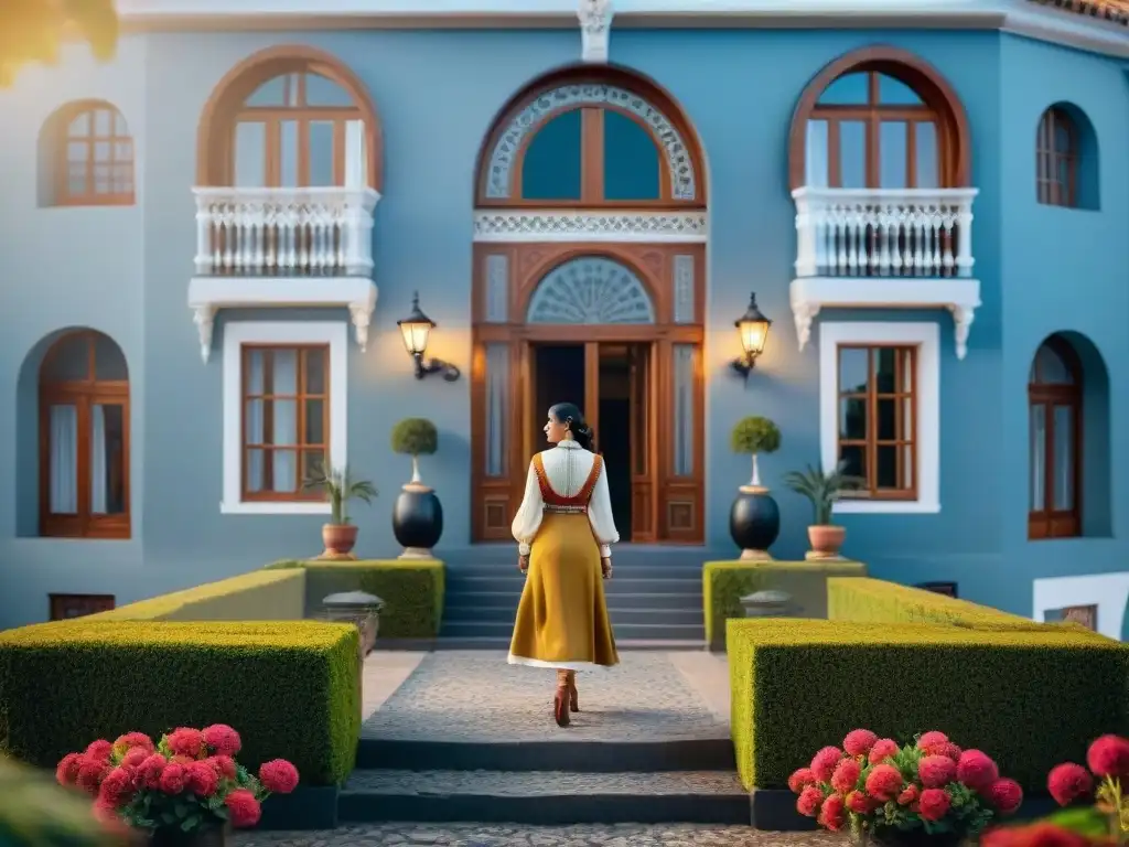 Hermoso hotel boutique con historia en Uruguay, fachada colonial detallada rodeada de naturaleza exuberante y flores coloridas