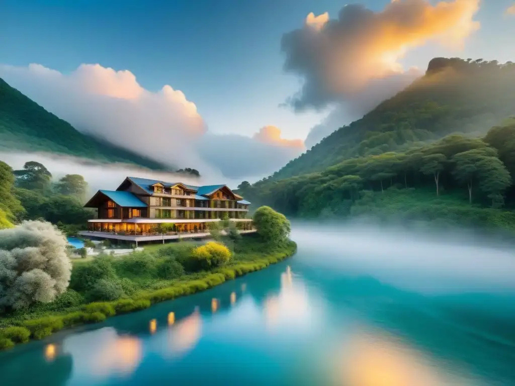 Hermoso hotel boutique en paraje natural con río y vegetación exuberante al atardecer