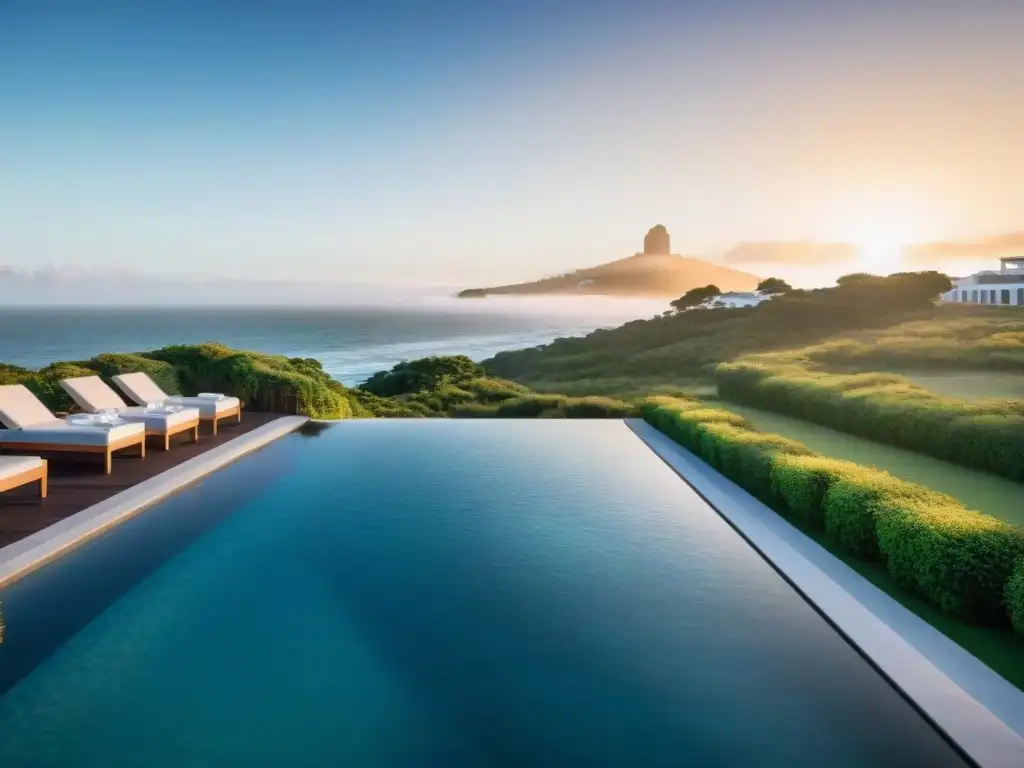 Boutique hotel de lujo con piscina infinita al atardecer en Uruguay Hermoso hotel boutique en Uruguay con piscina infinita al atardecer, rodeado de naturaleza exuberante