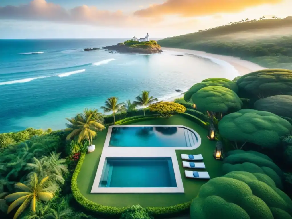 Paraíso tropical: hotel boutique de lujo con piscina infinita en Uruguay Hermoso hotel boutique en Uruguay con piscina infinita y vista al mar, rodeado de exuberante vegetación y palmeras