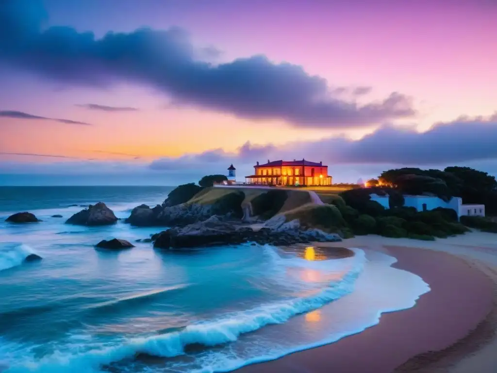 Hermoso hotel boutique en playa de Uruguay al atardecer, mezclando elegancia con la belleza natural