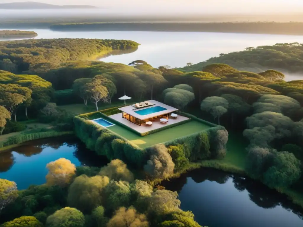 Hermoso hotel boutique para retiros espirituales en Uruguay, rodeado de naturaleza serena al amanecer