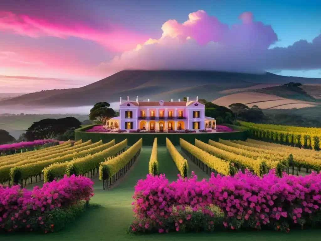 Hermoso hotel boutique en Uruguay entre viñedos verdes con bougainvilleas y atardecer de colores