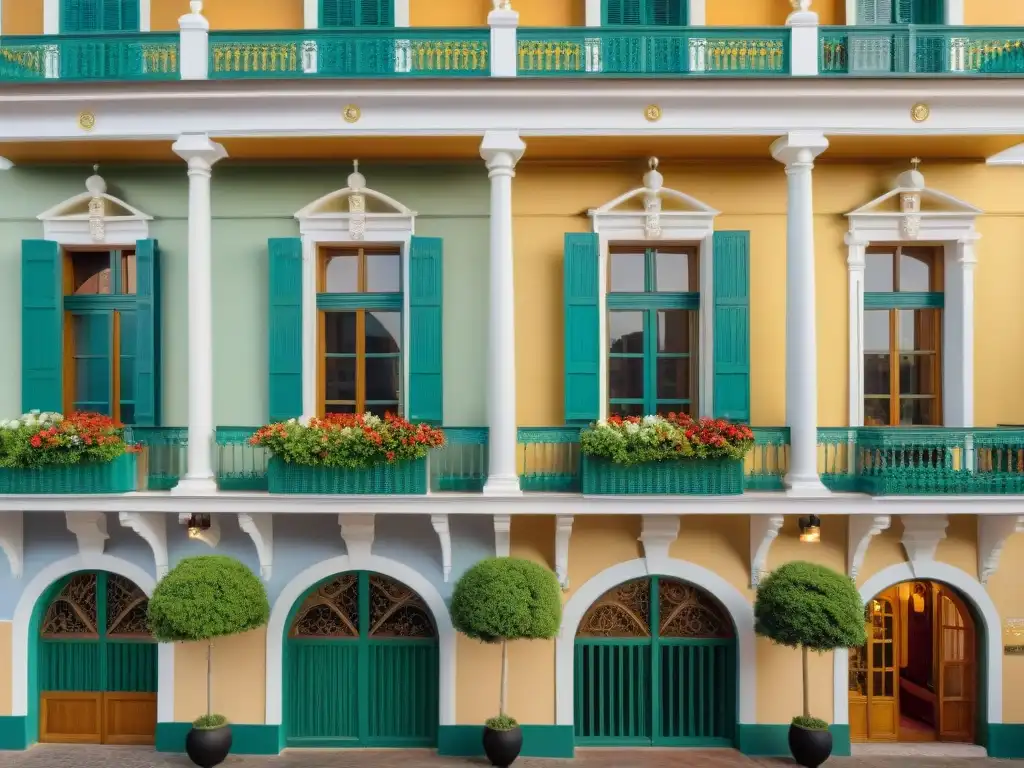 Hermoso hotel boutique histórico en Uruguay con arquitectura colonial detallada y balcones floridos