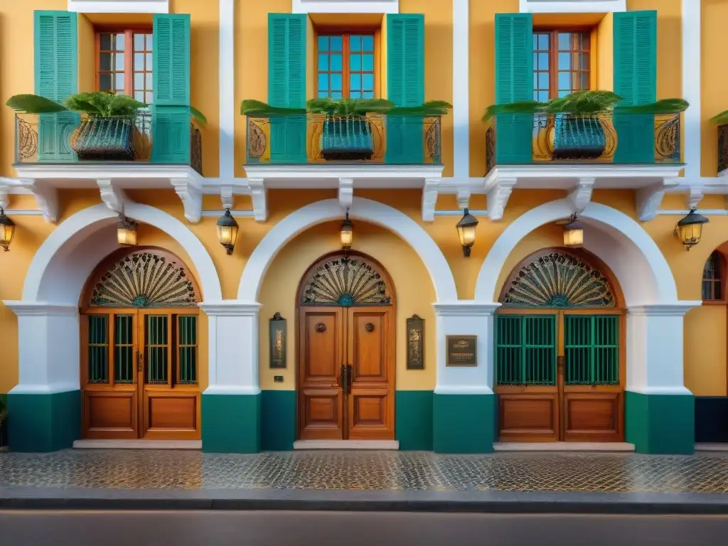 Hermoso hotel boutique histórico en Uruguay con arquitectura colonial, detalles ornamentados y vegetación exuberante al atardecer