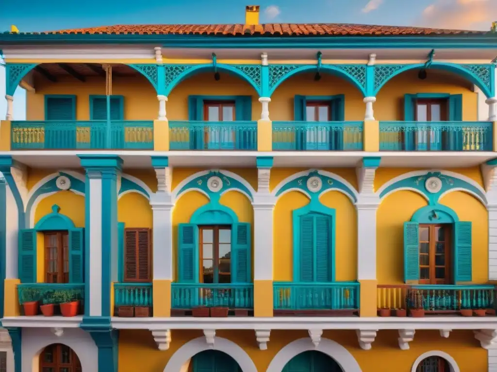 Hermoso hotel boutique histórico en Uruguay con detalles arquitectónicos, balcones ornamentados y ventanas arqueadas bajo la luz dorada del atardecer