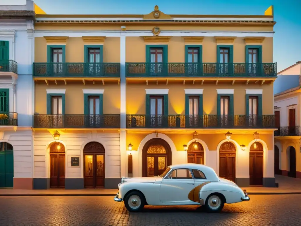 Hermoso hotel boutique histórico en Uruguay con detalles arquitectónicos elegantes y encanto de antaño al atardecer