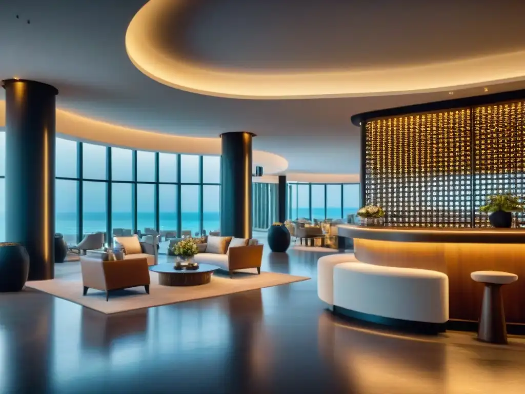 Hermoso lobby de hotel boutique en Uruguay con conectividad digital y diseño moderno