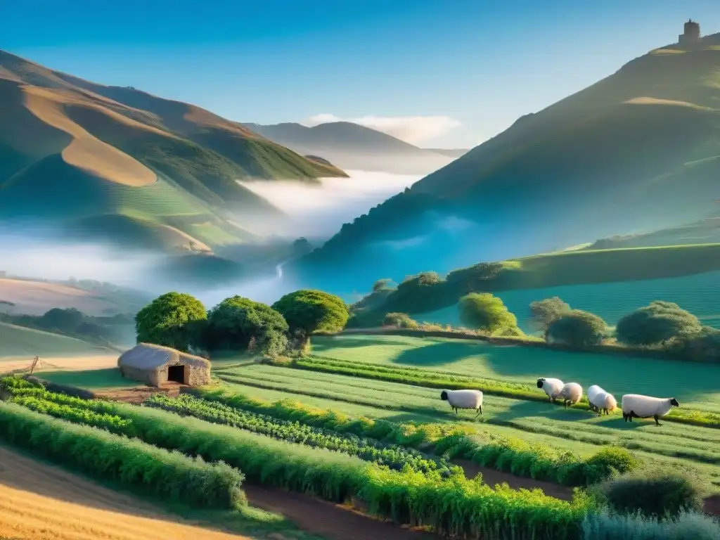 Un hermoso paisaje de una casa rural uruguaya entre verdes colinas, donde un agricultor local cuida de un huerto