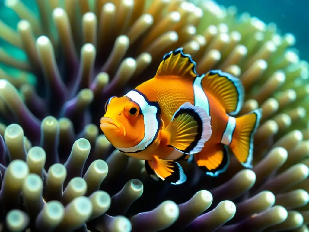 Un hermoso pez payaso naranja y blanco nada entre las tentáculos de una anémona morada en Punta del Diablo, mientras snorkela