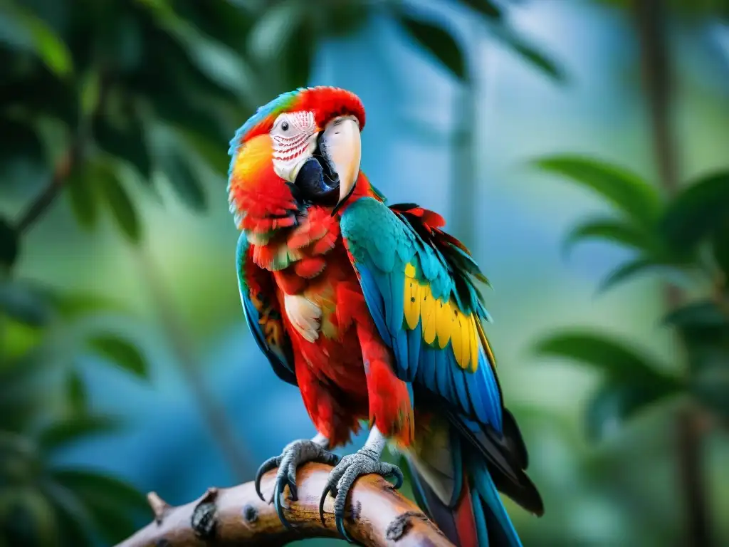 Hermoso Guacamayo Escarlata en la selva, ideal para equipamiento avistamiento aves Uruguay