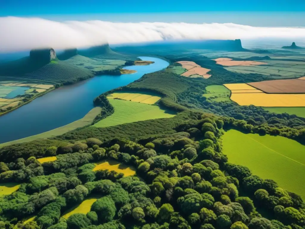 Explora Uruguay con herramientas digitales: Vista aérea de colinas verdes, ríos y Cerro Catedral al fondo bajo cielo azul