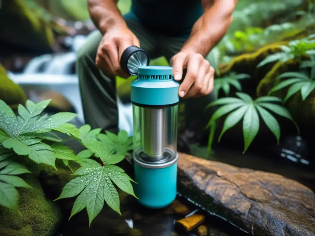 Un hiker en Uruguay purifica agua en un filtro portátil en la selva