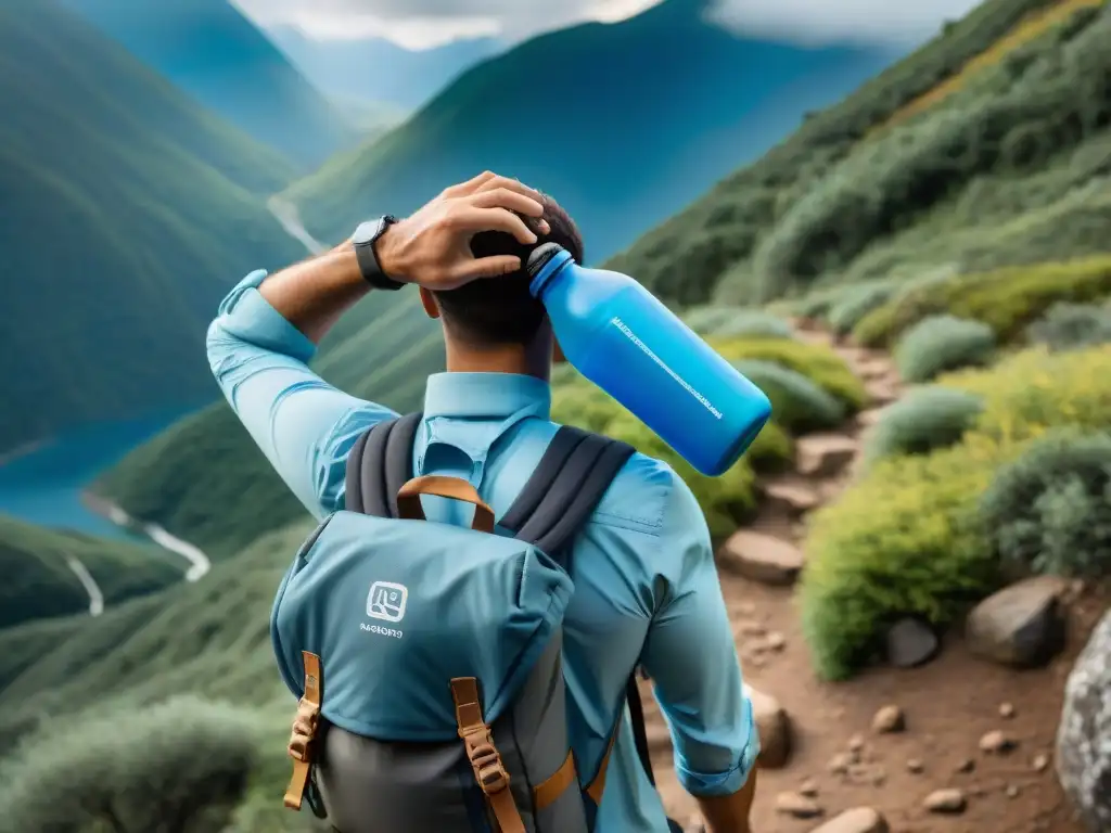 Un hiker alcanza su botella de agua duradera en medio de un desafiante sendero de montaña