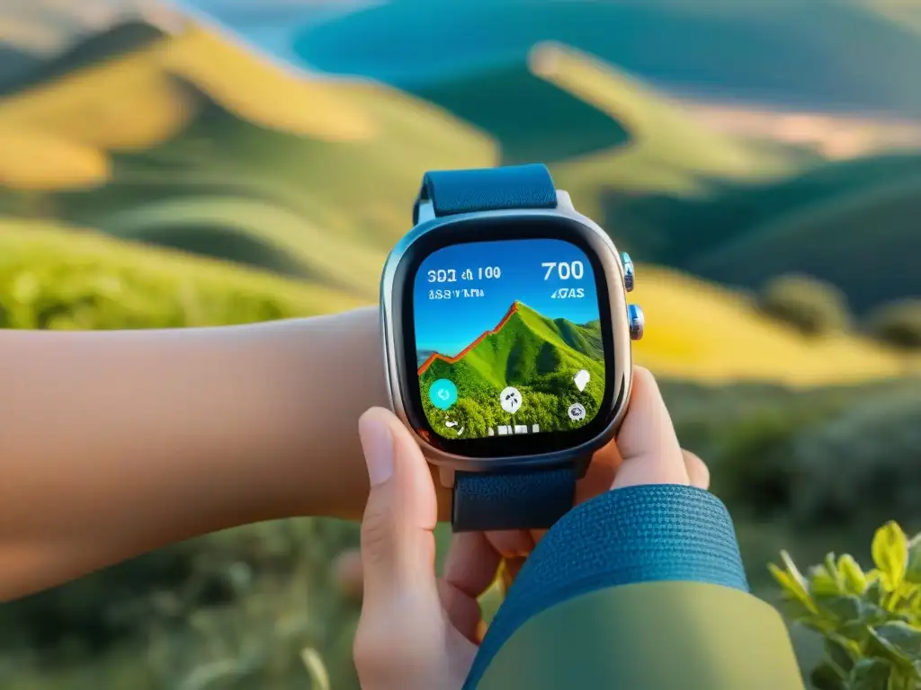 Smartwatch GPS en sendero de Uruguay Un hiker en Uruguay con tecnología wearable para aventuras, GPS en smartwatch y móvil en la mochila