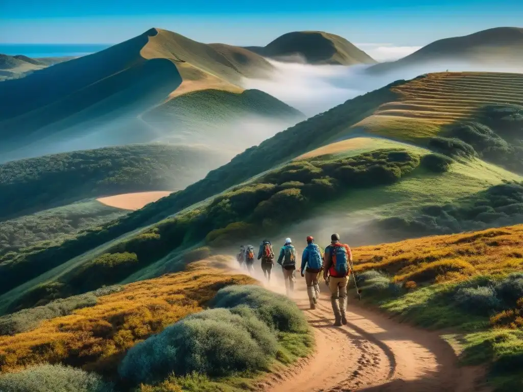 Hikers con equipamiento trekking minimalista en Uruguay, caminando por sendero polvoriento