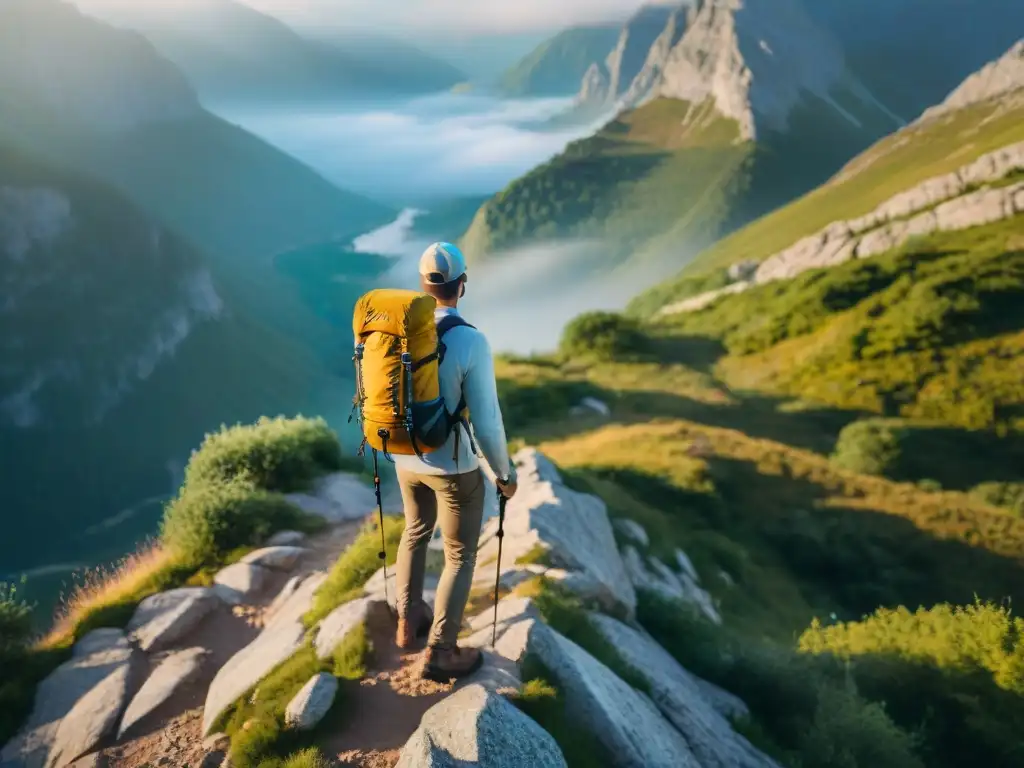 Hikers evitando errores comunes en trekking, entre montañas rocosas y vegetación exuberante al atardecer