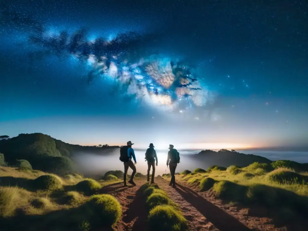 Hikers explorando la noche estrellada en Uruguay, con la Vía Láctea brillando en el cielo