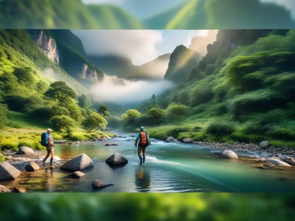 Hikers cruzando río en bosque con los mejores calcetines trekking impermeables