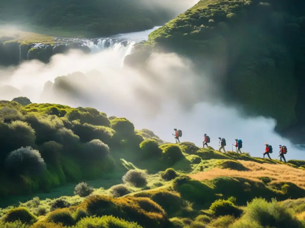 Hikers cruzando un río en Uruguay, rodeados de naturaleza exuberante