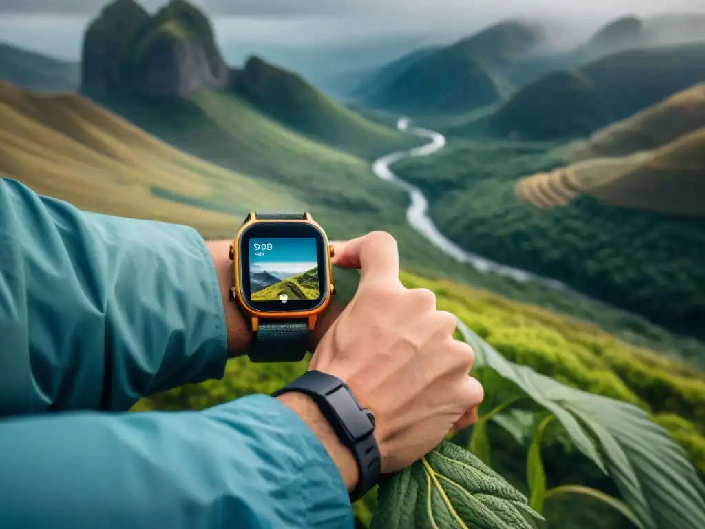 Exploradores modernos con tecnología wearable en Uruguay Hikers explorando Uruguay con tecnología wearable de vanguardia