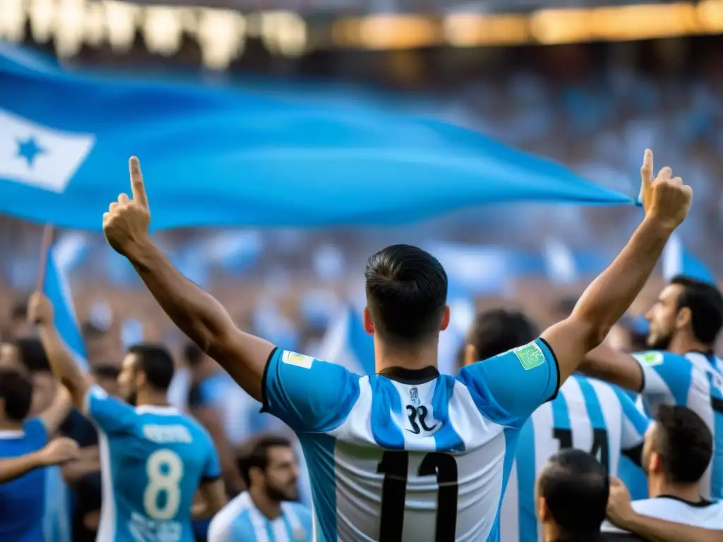 Hinchas uruguayos apasionados en estadio de Montevideo, reflejo de la cultura futbolística en Uruguay