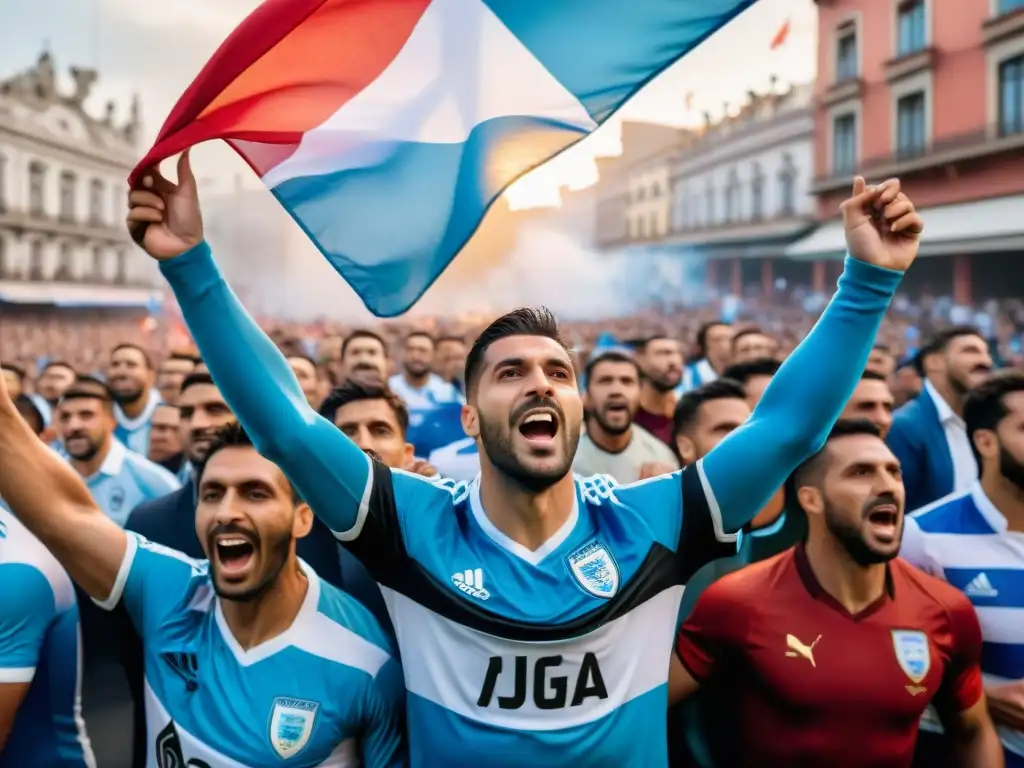 Hinchas uruguayos apasionados en fiesta futbolera frente al Estadio Centenario en Montevideo