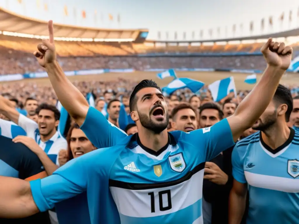 Hinchas uruguayos celebran victoria en el Estadio Centenario durante Mundiales, reflejando la pasión por el fútbol de Uruguay