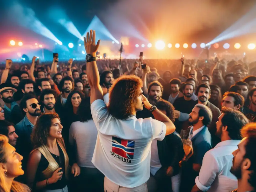 Historia del rock uruguayo: concierto vibrante en Montevideo durante los 80, fans apasionados, luces coloridas y músicos icónicos en escena