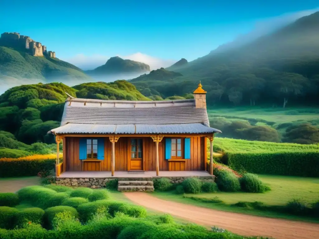 Cabaña histórica en Uruguay, con detalles tallados en madera, rodeada de exuberante vegetación bajo cielo azul