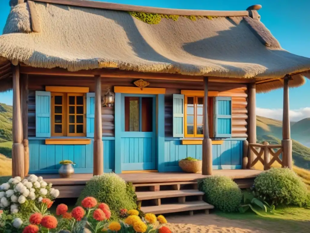 'Cabaña histórica en Uruguay con encanto rústico, flores coloridas, techo de paja y vista a colinas