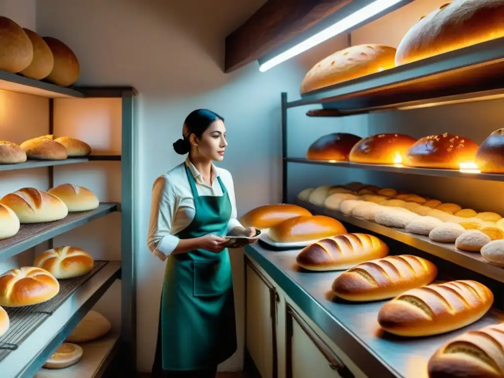 Panadería histórica en Uruguay: maestro panadero moldeando pan y mostrando herramientas antiguas en un ambiente cálido y auténtico