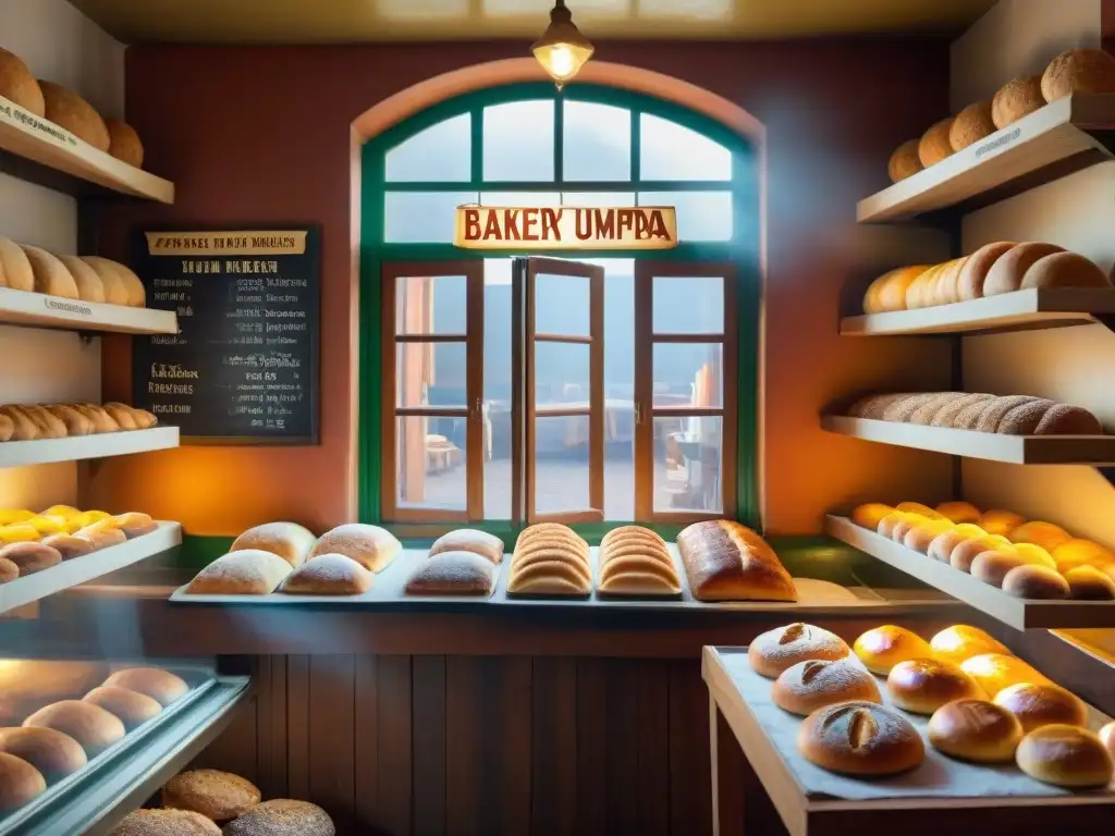 Panadería histórica en Uruguay con medialunas, bizcochos y pan de campo, un panadero amasando masa