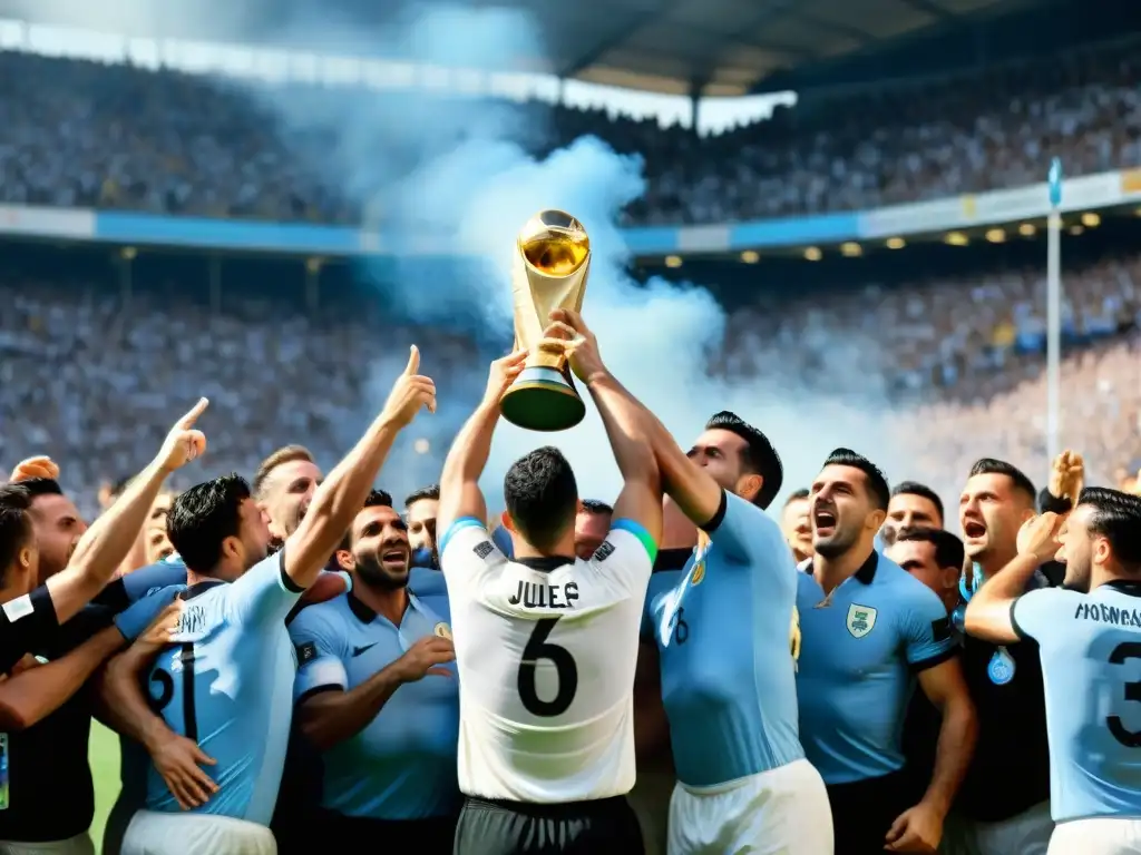 Celebración histórica del triunfo de Uruguay en el Mundial de Fútbol, jugadores levantan el trofeo en el Maracanã con confeti y euforia de la multitud