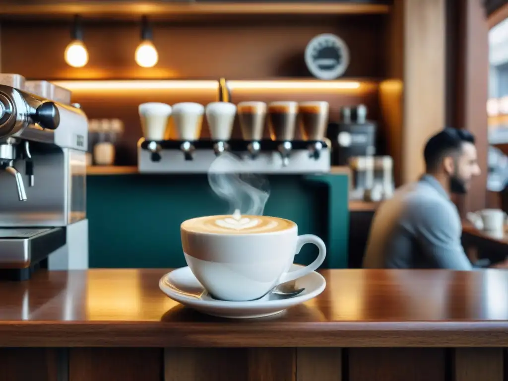 En el histórico barrio de Montevideo, una cafetería bulliciosa con baristas preparando cafés de especialidad