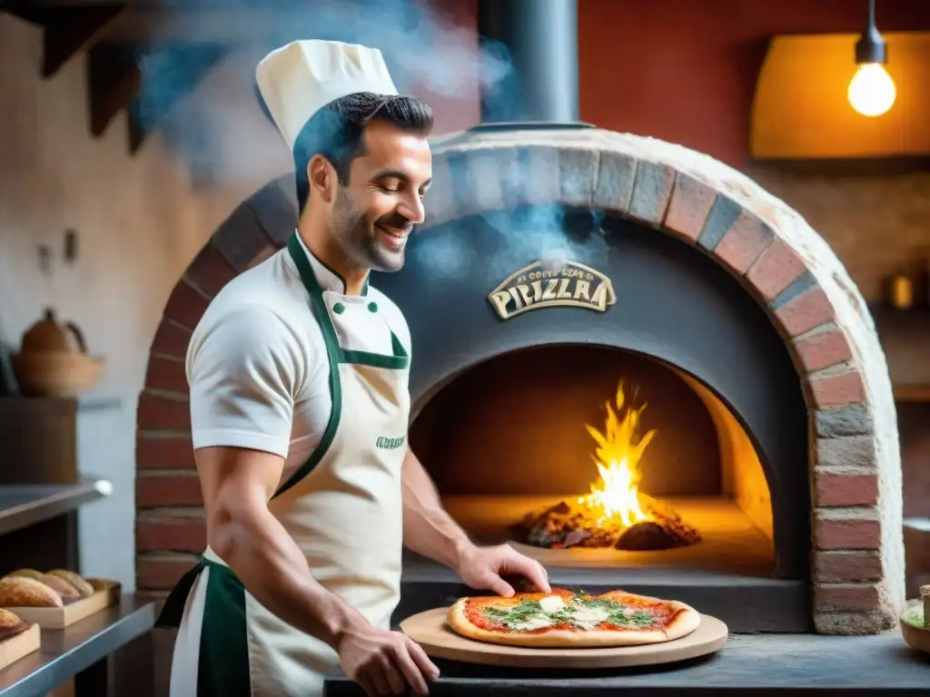 Un horno de barro tradicional en una pizzería uruguaya rústica, donde se preparan pizza y fainá