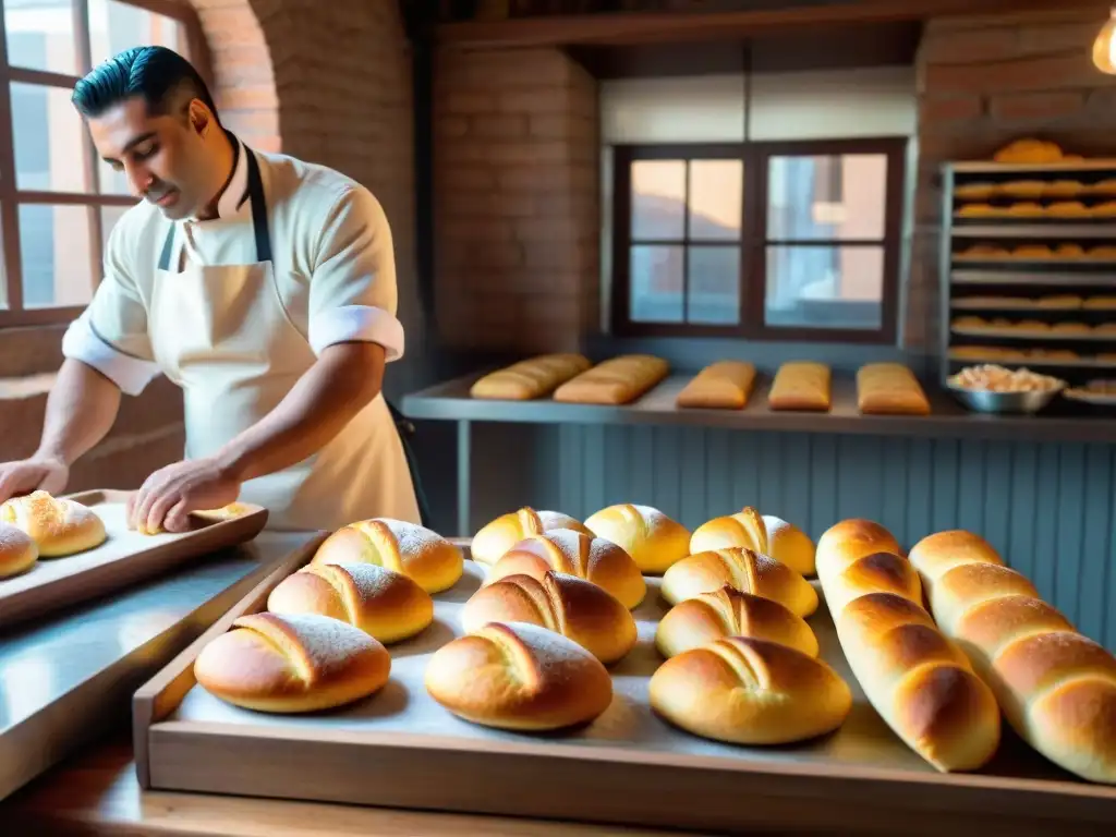 Un horno tradicional en una panadería uruguaya auténtica con pan dulce, medialunas y bizcochos recién horneados