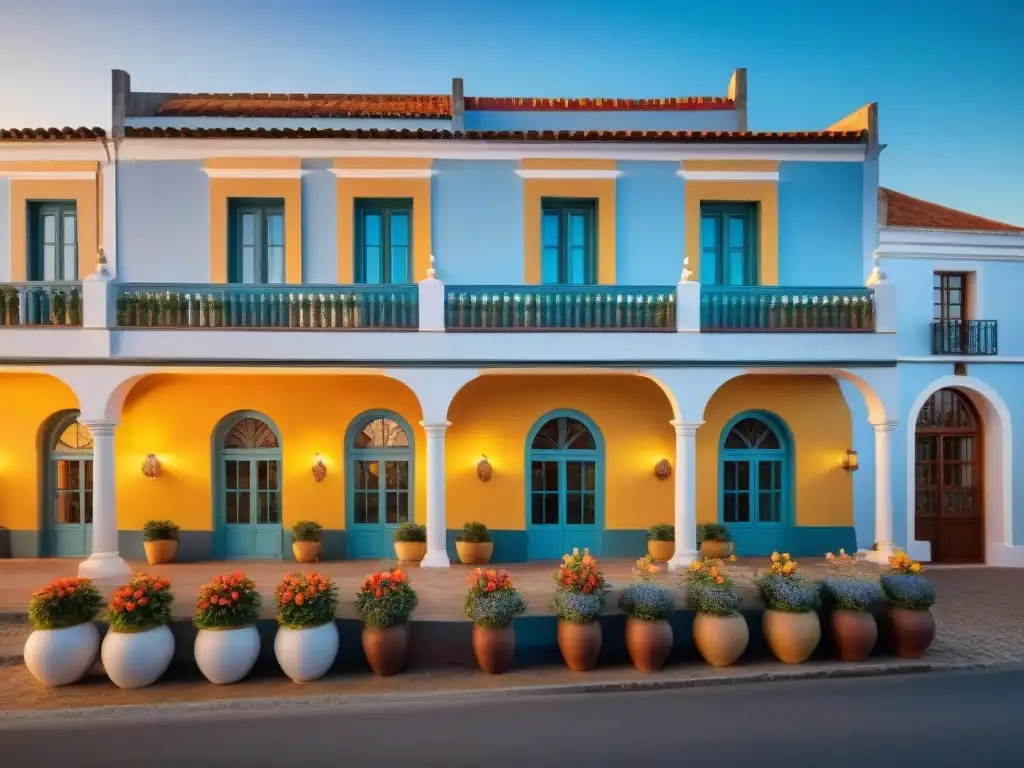 Un hotel boutique encantador en Uruguay, con detalles arquitectónicos únicos y cálido atardecer