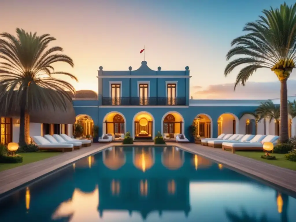 Un hotel boutique de lujo en Uruguay al atardecer, con palmeras y piscina