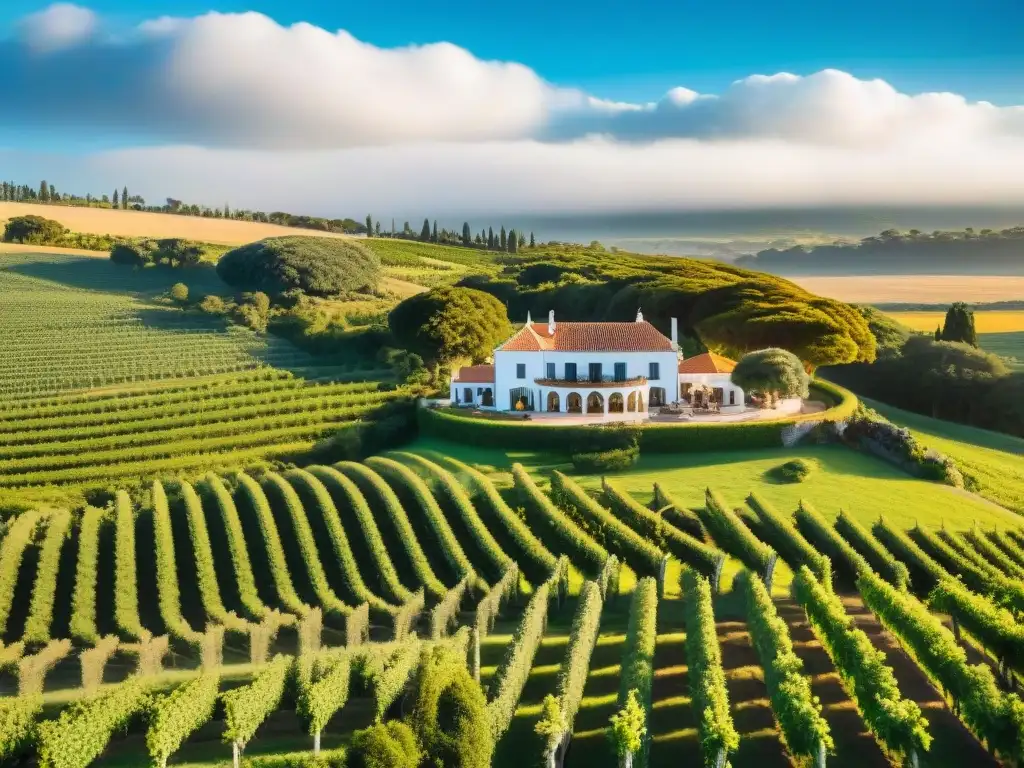 Un hotel boutique de lujo en Uruguay entre viñedos, con huéspedes disfrutando de los mejores paisajes