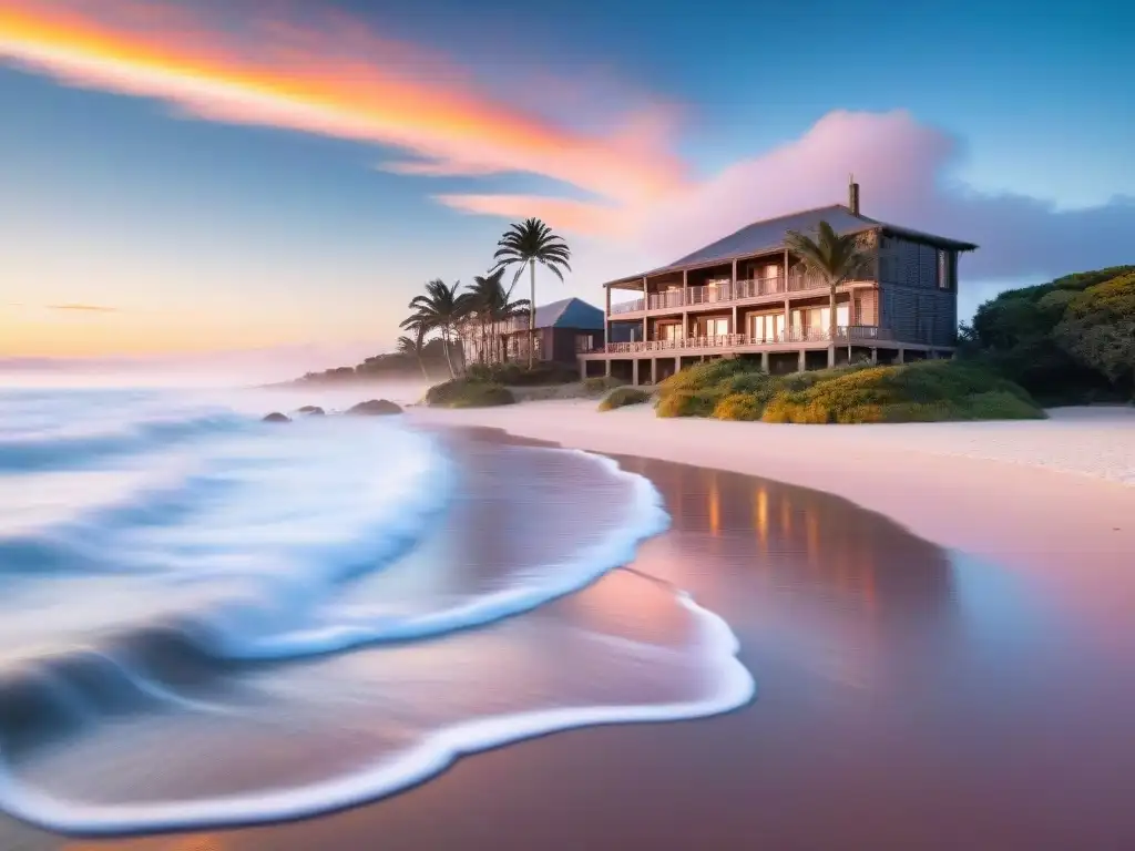 Hotel boutique de lujo en la playa de Uruguay al amanecer, con aguas cristalinas y huéspedes paseando