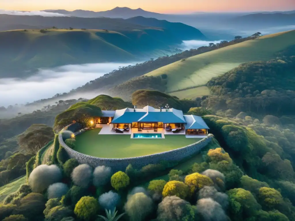 Hotel boutique en las sierras uruguayas: arquitectura elegante en armonía con la naturaleza, atardecer dorado