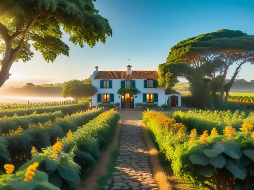 Hotel boutique tranquilo en Uruguay rodeado de viñedos verdes, con pareja caminando de la mano hacia la entrada