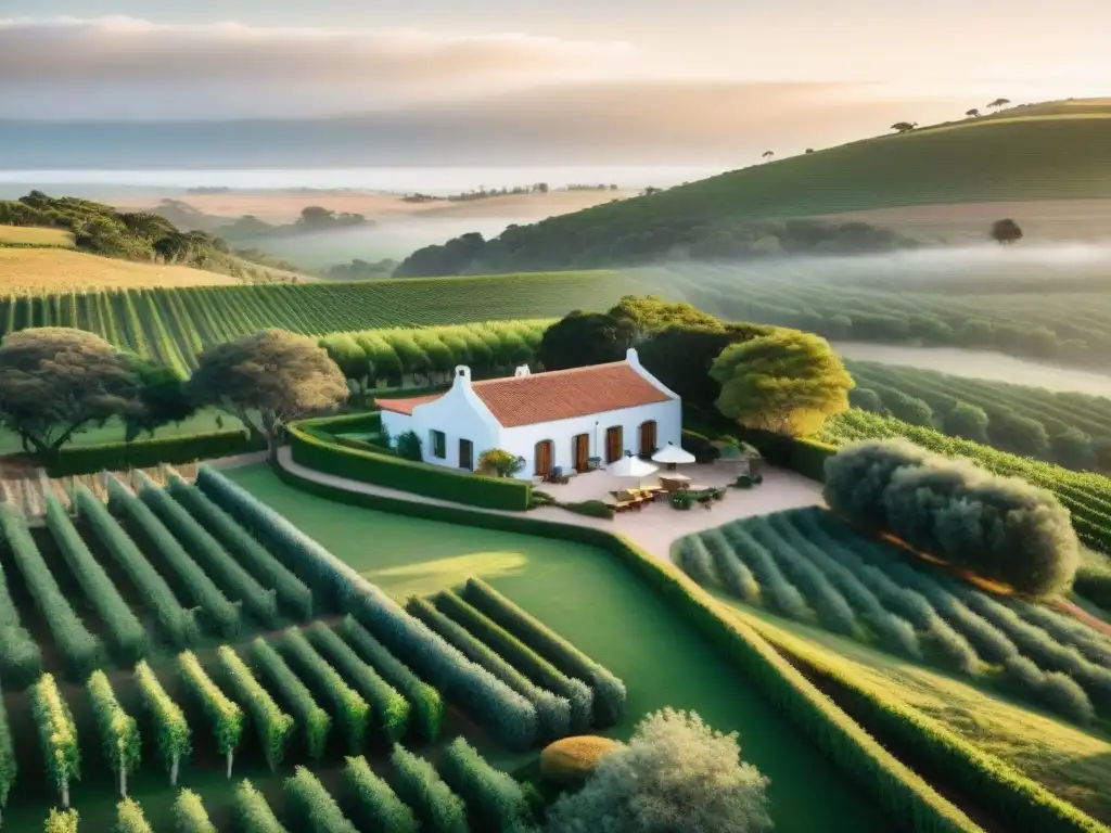 Un hotel boutique tranquilo en Uruguay rodeado de viñedos verdes, techos de terracota y zonas al aire libre acogedoras