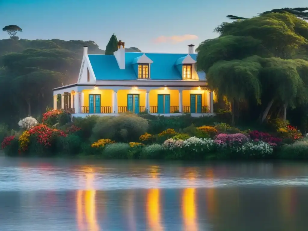 Un hotel boutique con vistas al río en Uruguay, bañado por la luz de la mañana y rodeado de exuberante naturaleza