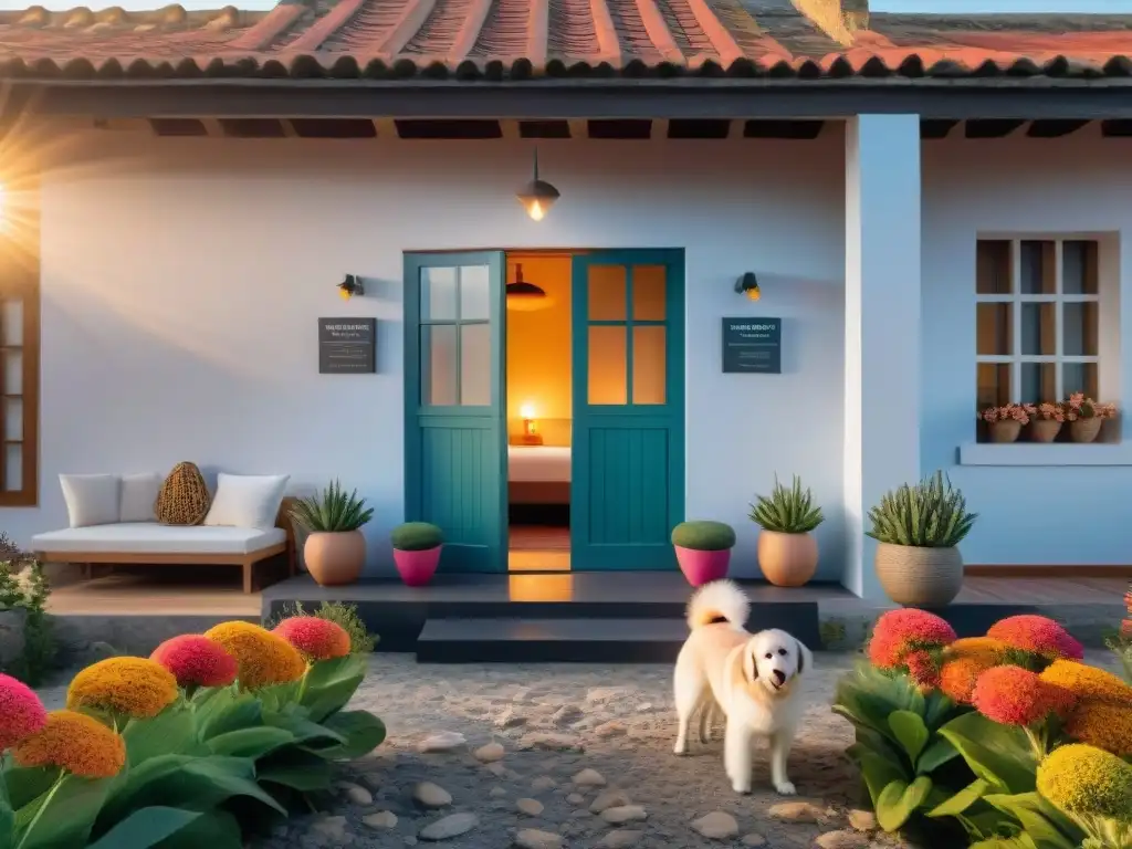 Un hotel boutique petfriendly en Uruguay, con una entrada acogedora, jardín exuberante y parejas felices con sus mascotas