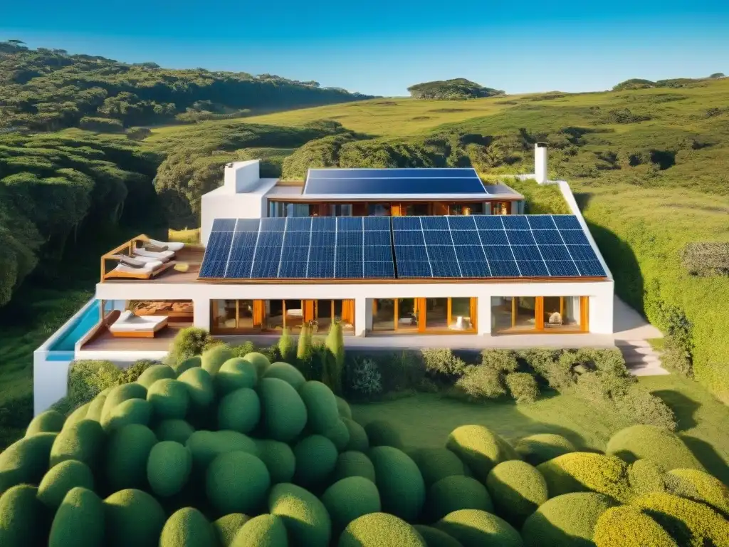 Un hotel sostenible en Uruguay con paneles solares en el techo, rodeado de vegetación y huéspedes relajándose en espacios ecológicos