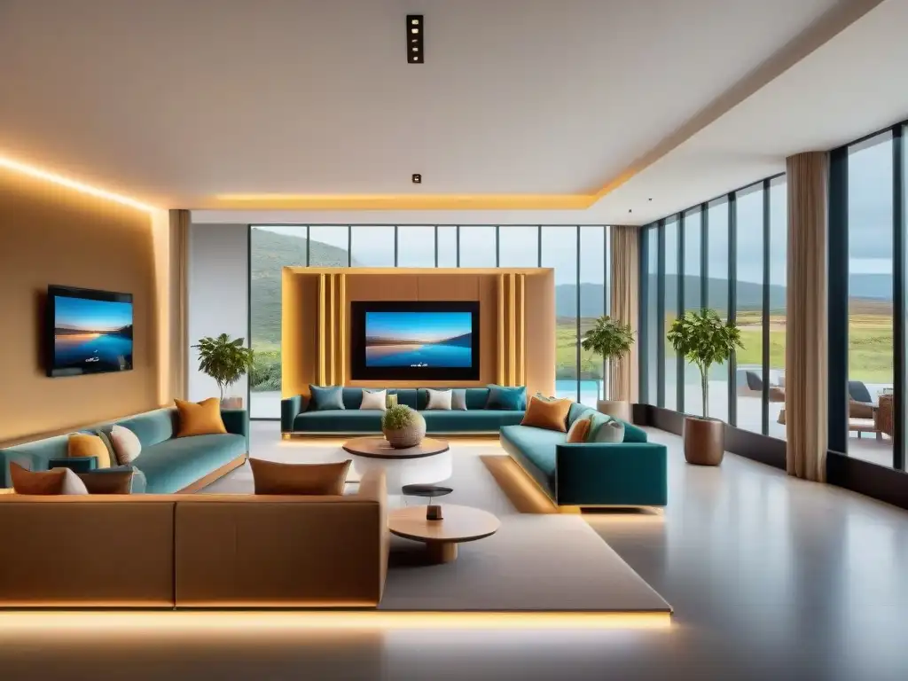 Hoteles boutique en Uruguay conectividad: Lobby moderno con diseño contemporáneo y ambiente acogedor tecnológico